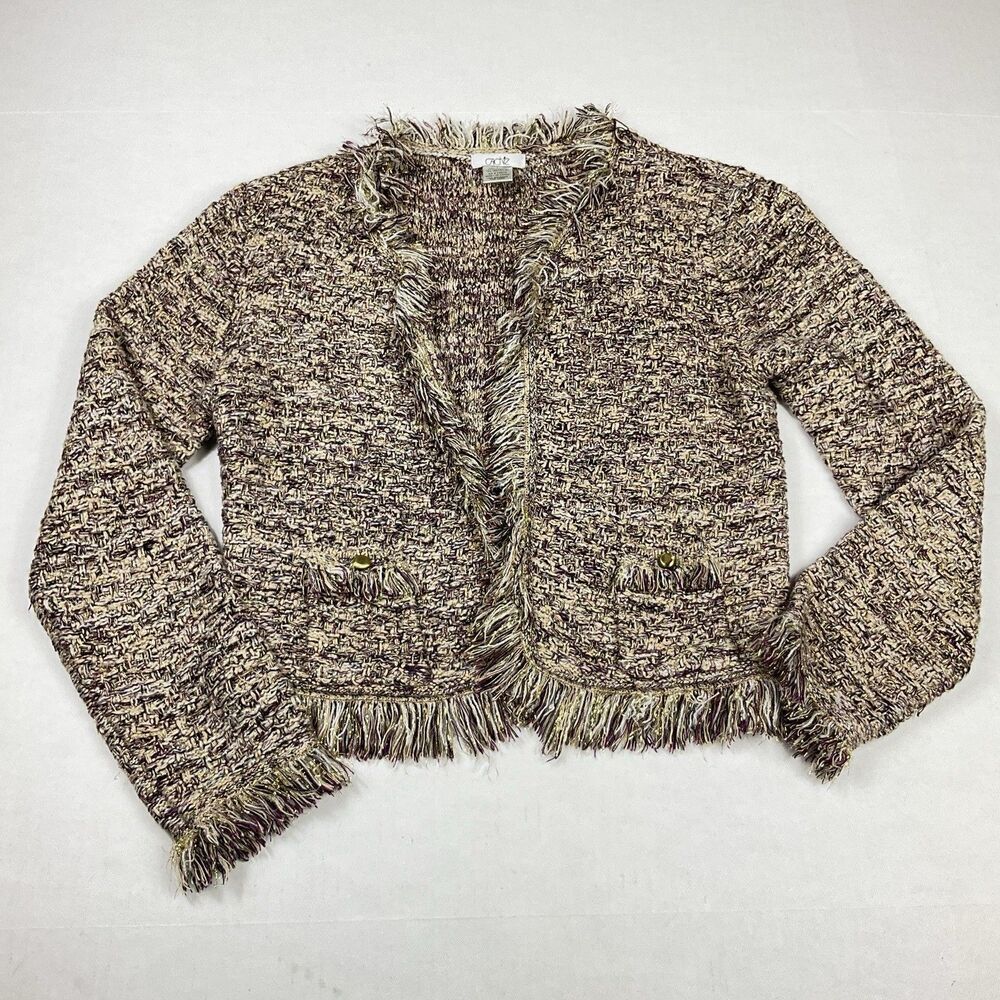 Cache Tweed Cropped Fringe Jacket Metallic Bouclé Blazer Small Y2K Parisian Chic
